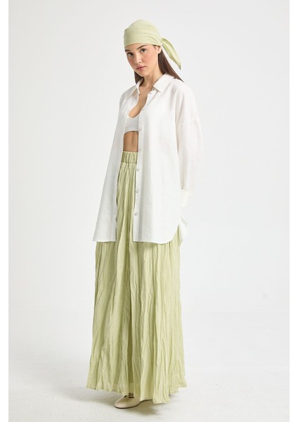 Kadın Çağla Vual Kumaş Kırışık Uzun Astarlı Etek 29062