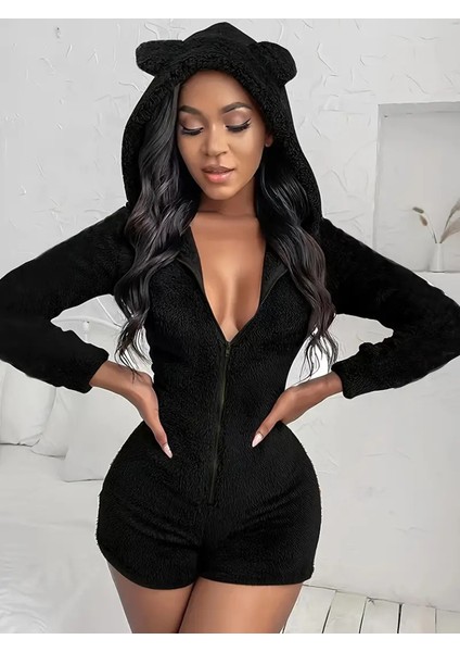 Runiquehome Kadın Uzun Kollu Kapişon ve Fermuar Detaylı Peluş Şort Tulum