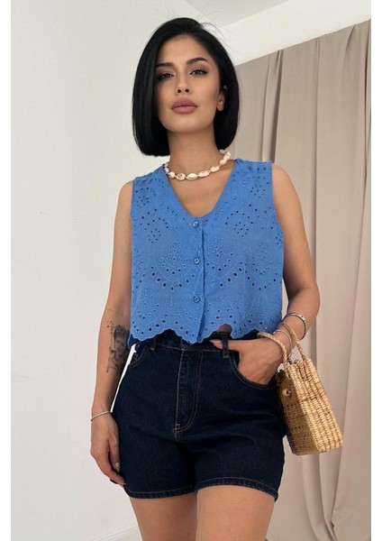 Runiquehome Mavi Sıfır Kol Brode Bluz