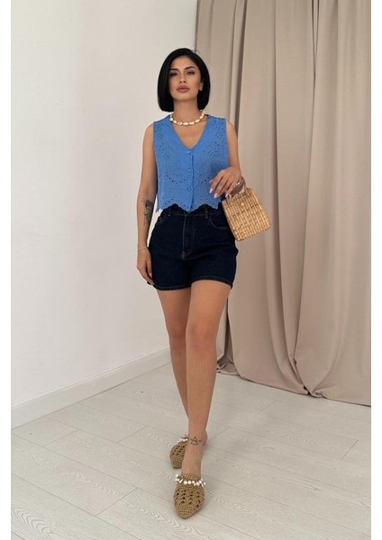 Runiquehome Mavi Sıfır Kol Brode Bluz fiyatları