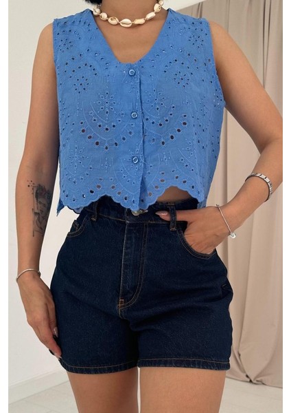 Runiquehome Mavi Sıfır Kol Brode Bluz modelleri