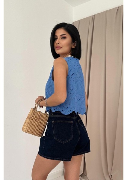 Runiquehome Mavi Sıfır Kol Brode Bluz fırsatları