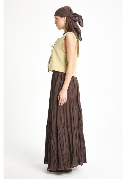 Kadın Kahverengi Vual Kumaş Kırışık Uzun Astarlı Etek 29062