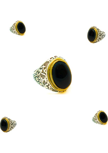 Osmanlı Stil, Desenli, Siyah Oniks Taşlı Erkek Yüzük 925 Ayar Gümüş Parmağa Göre Ayarlanır 14.95 gr