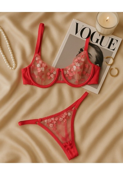Nar Çiçeği Rengi Çiçek Nakışlı Transparan 2’li Sütyen Takımı – Zarif ve Feminen Dokunuş
