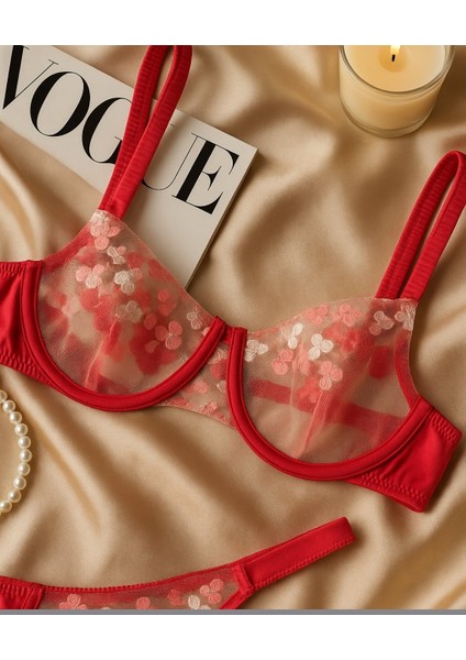 Nar Çiçeği Rengi Çiçek Nakışlı Transparan 2’li Sütyen Takımı – Zarif ve Feminen Dokunuş modelleri