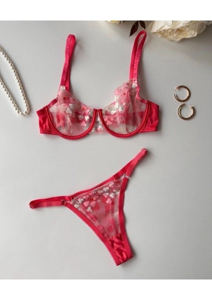 Nar Çiçeği Rengi Çiçek Nakışlı Transparan 2’li Sütyen Takımı – Zarif ve Feminen Dokunuş indirimleri