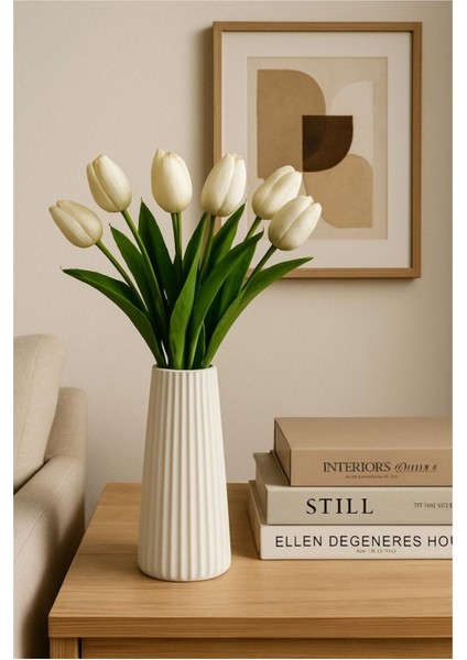 Modern Dekorasyon Için Şık Beyaz Çizgili Seramik Çiçek Vazo - Minimalist ve Zarif Vazo Modelleri fırsatları