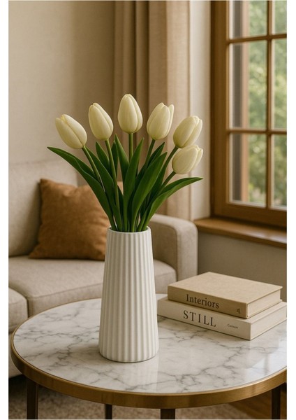 Modern Dekorasyon Için Şık Beyaz Çizgili Seramik Çiçek Vazo - Minimalist ve Zarif Vazo Modelleri indirimleri