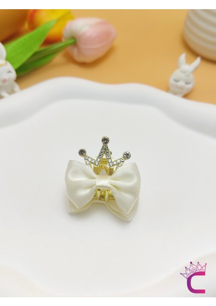 2'li Fiyonk Kurdele Kraliçe Taçlı Kristal Taşlı Saç Tokası Beyaz - Kız Çocuk Doğum Günü Prenses Tacı