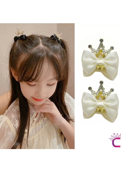 2'li Fiyonk Kurdele Kraliçe Taçlı Kristal Taşlı Saç Tokası Beyaz - Kız Çocuk Doğum Günü Prenses Tacı fiyatları