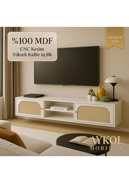 %100 Mdf Rattan(Jüt Kumaş) Kapaklı Tv Sehpası – Premium Seri, 180CM, Cnc Kesim, Modern Tasarım