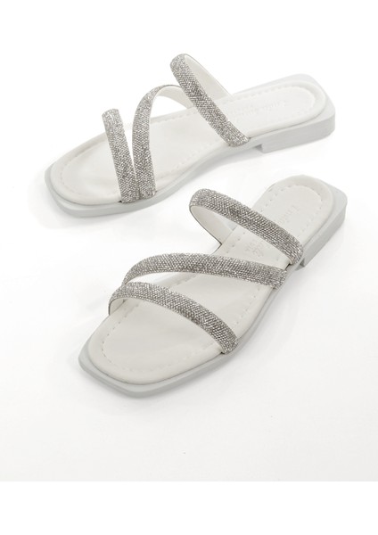 MİA026-1610 Kadın Günlük Taşlı Bantlı Beyaz Tatil Terliği