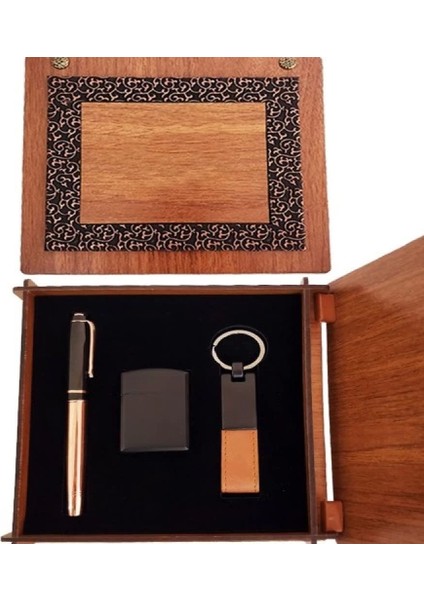 Dekoratif Ahşap Kutulu Bakır Roller Kalem Taba Renk Anahtarlık ve Çakmak Set