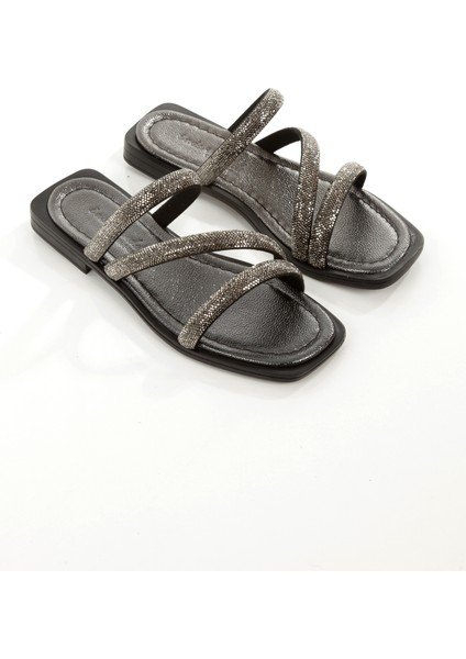 MİA026-1610 Kadın Günlük Taşlı Bantlı Platin Tatil Terliği