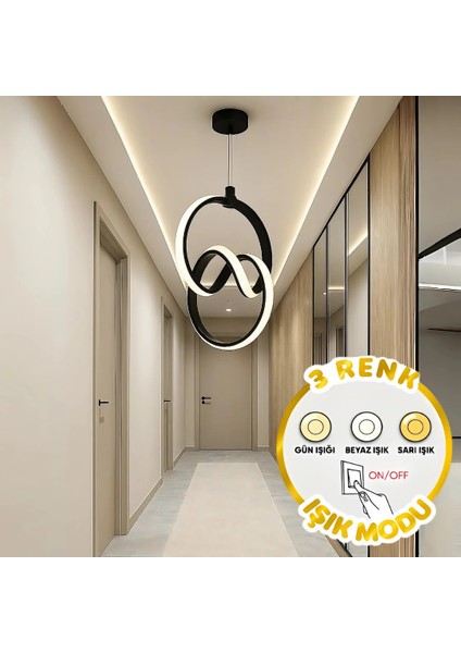 Orko Siyah Kasa 3 Renk Işıklı LED Avize (Kumandasız)