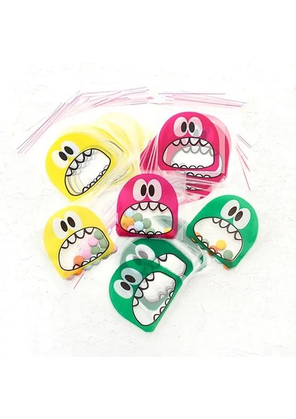 10X15 cm Bantlı Pembe Renk Canavar Desenli Şeffaf Jelatin Poşet Opp 200 Adet modelleri