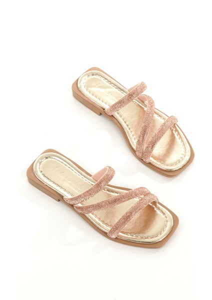 MİA026-1610 Kadın Günlük Taşlı Bantlı Altın Tatil Terliği fırsatları