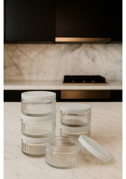 6'lı Premium Cam Saklama Kabı Set 140 cc | Kırık Beyaz Plastik Kapaklı Saklama Kabı, Hava Geçirmez