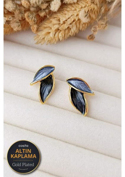 3'lü Set Vintage Gül Kurusu Gri Antrasit Mavi Altın Kaplama Yaprak Küpe