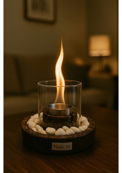 Mermer Desenli Camlı Masa Üstü Şömine – Beyaz Taşlı & Biyoetanol Yakıtlı modelleri