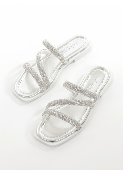MİA026-1610 Kadın Günlük Taşlı Bantlı Gümüş Tatil Terliği