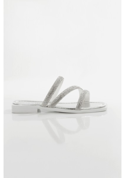 MİA026-1610 Kadın Günlük Taşlı Bantlı Gümüş Tatil Terliği fırsatları