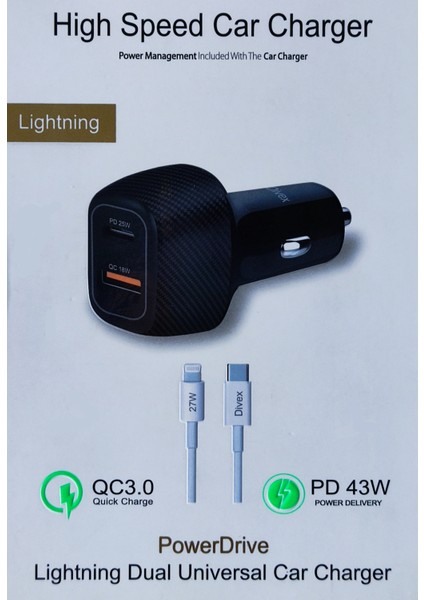 DA-314 Araç Çakmaklık Uyumlu Hızlı Şarj Cihazı Pd 43W + Lightning Iphone Kablo Hediye
