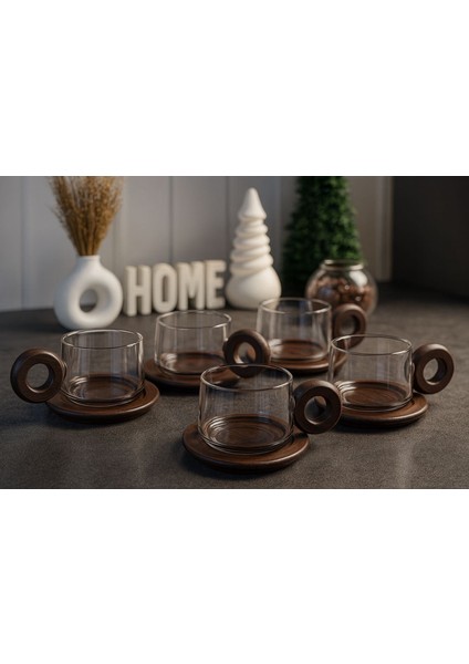 6'lı Borosilikat Cam Akasya Saplı ve Akasya Tabaklı Çay Kahve Fincanı 250 ml
