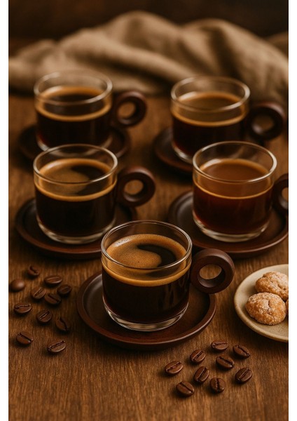 6'lı Borosilikat Cam Akasya Saplı ve Akasya Tabaklı Çay Kahve Fincanı 250 ml fiyatları