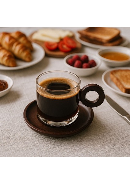 6'lı Borosilikat Cam Akasya Saplı ve Akasya Tabaklı Çay Kahve Fincanı 250 ml modelleri