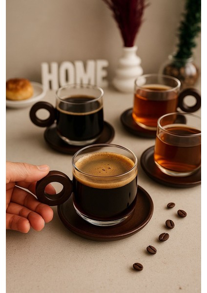 6'lı Borosilikat Cam Akasya Saplı ve Akasya Tabaklı Çay Kahve Fincanı 250 ml fırsatları