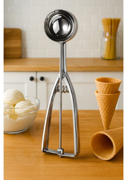 Paslanmaz Çelik Dondurma Kaşığı - Kurabiye Helva Kalıbı ve Kaşığı - Servis Kilitlenebilir Mekanizma