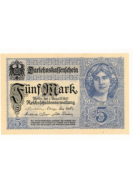 1917 Almanya 5 Mark Çil Banknot