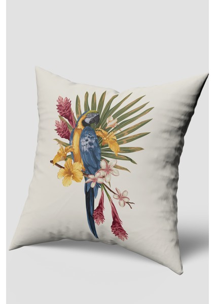 Arara Papağanı Tropikal Çiçek ve Yaprak Desenli Kırlent Kılıfı