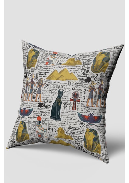 Beyaz Antik Mısır Temalı Kırlent Kılıfı