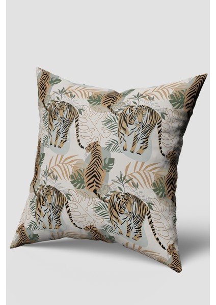 Bej Kaplan Tropikal Desenli Kırlent Kılıfı