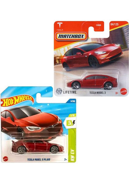 2 Araç Set - Matchbox Tesla Model 3 & Hot Wheels Tesla Model S Plaid (1/64) Kırmızı