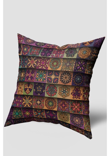 Kahverengi Mor Retro Vintage Desenli Kırlent Kılıfı