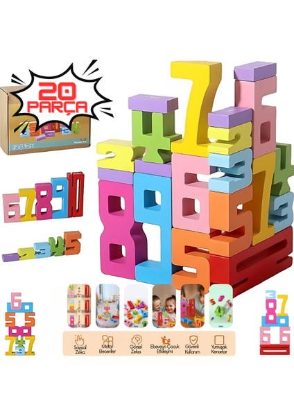 Eğitici Oyuncak Montessori Ahşap Sayı Blokları – 3 4 5 Yaş Okul Öncesi Matematik & Yapı Seti 20 Adet indirimleri