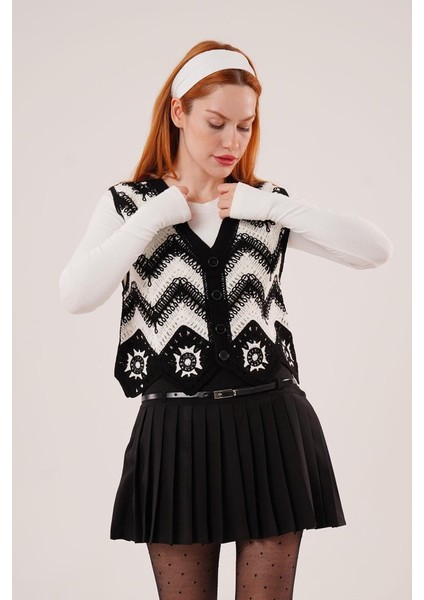 Runiquehome Zikzak Geçişli Triko Örme Siyah Yelek fırsatları