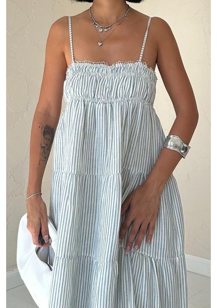 Runiquehome Mavi Askılı Parçalı Çizgili Müslin Elbise