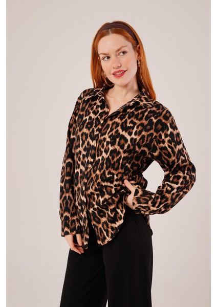 Runiquehome Leopar Desen Rahat Kalıp Gömlek