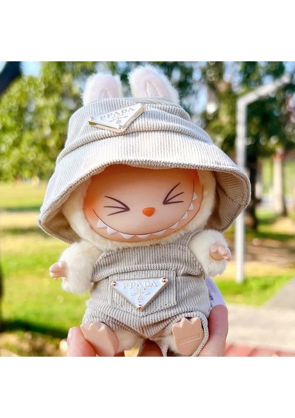 Yeni Kadife Labubu Bebek Giyim Seti Şapka 17 cm Elbise (Sadece Kıyafet Setidir)Beige