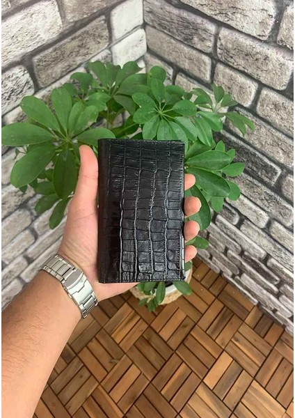 Croco Baskılı Siyah Hakiki Deri Pasaport Kılıfı Erkek / Kadın P5249