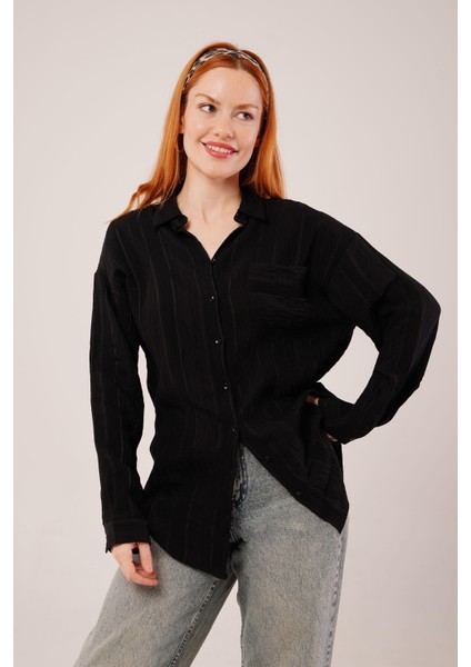 Runiquehome Hakim Yaka Çizgili Cep Detaylı Siyah Gömlek