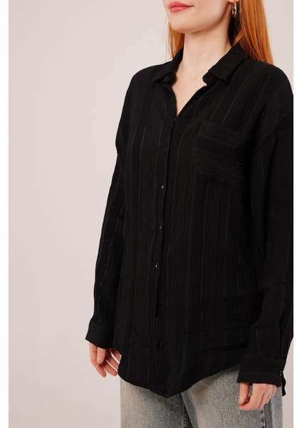 Runiquehome Hakim Yaka Çizgili Cep Detaylı Siyah Gömlek
