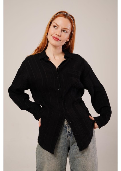Runiquehome Hakim Yaka Çizgili Cep Detaylı Siyah Gömlek