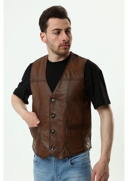 Hakiki Erkek Deri Yelek Puntolu Tarz Yelek Baba