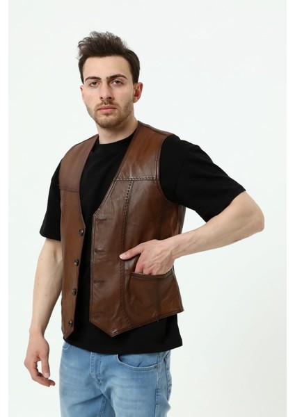 Hakiki Erkek Deri Yelek Puntolu Tarz Yelek Baba